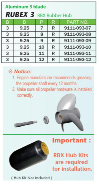 Solas Rubex 3 Aluminum Interchangeable Hub Aluminum Propeller For 6-20HP / 2-1/2" Gearcase (Thru Hub Exhaust)
